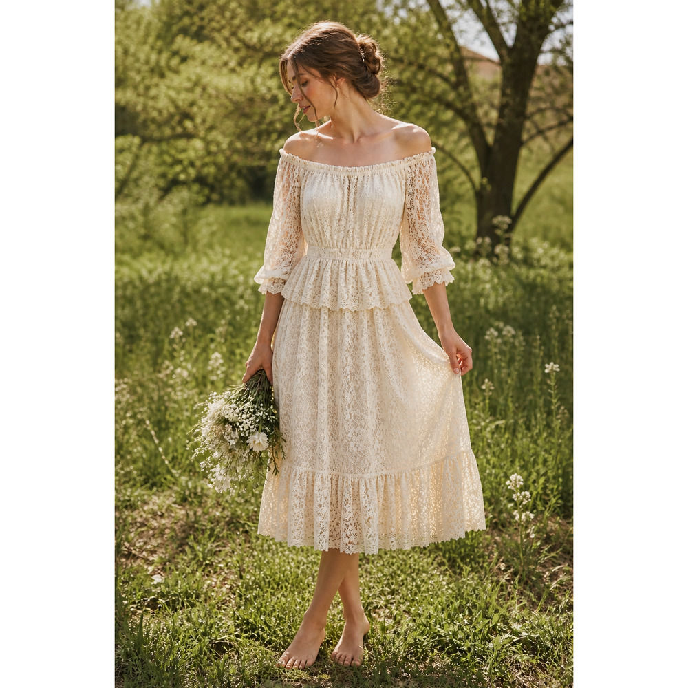 Vintage 70s Lace Prairie Dress Off Shoulder Puff Sleeve Boho Wedding XS